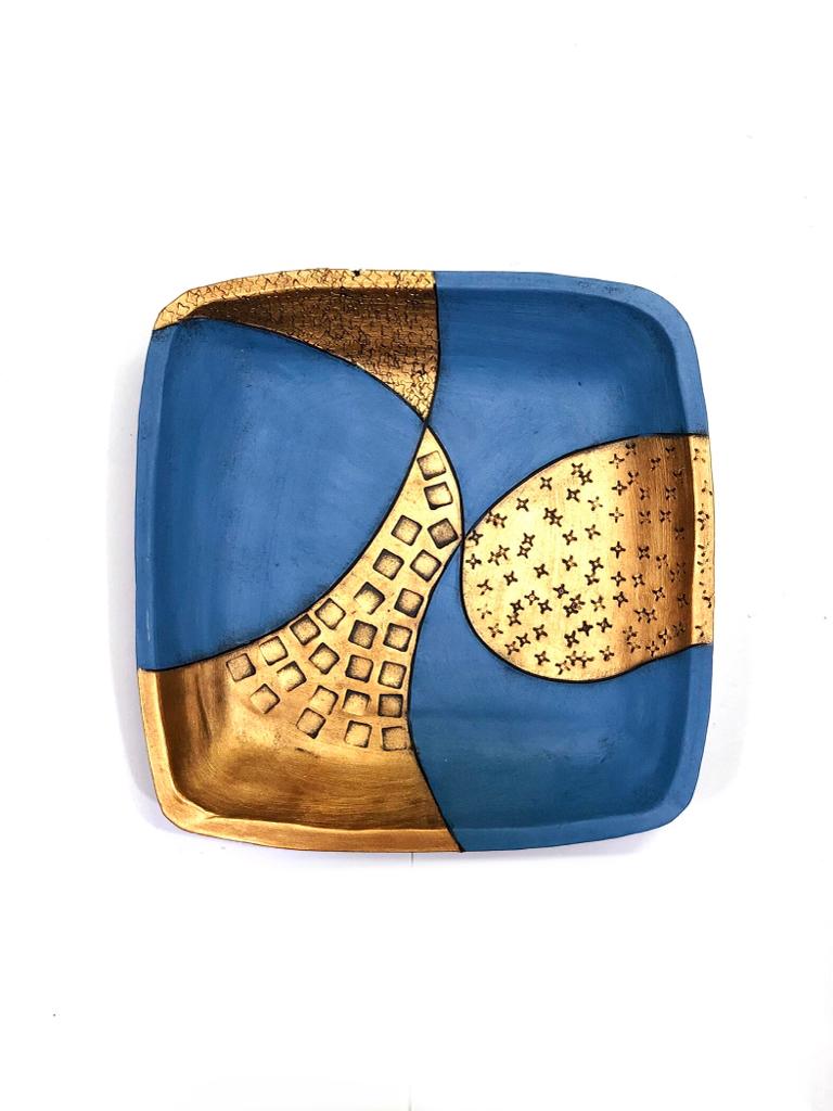 Square Copper Elements In Cobalt Blue Plates Set Of 5 Unique Art By Tamrapatra