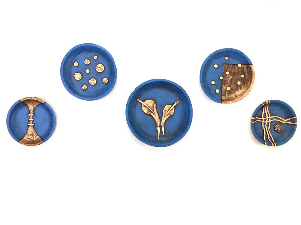 Cobalt Blue Circular Designs Hanging Wall Décor Plates Set Of 5 Tamrapatra