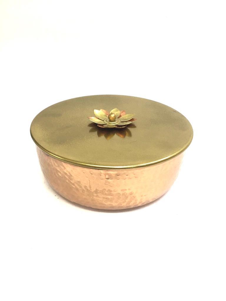 Shades Of Copper & Gold Plated On Metal Jars With Flower Lid Tamrapatra