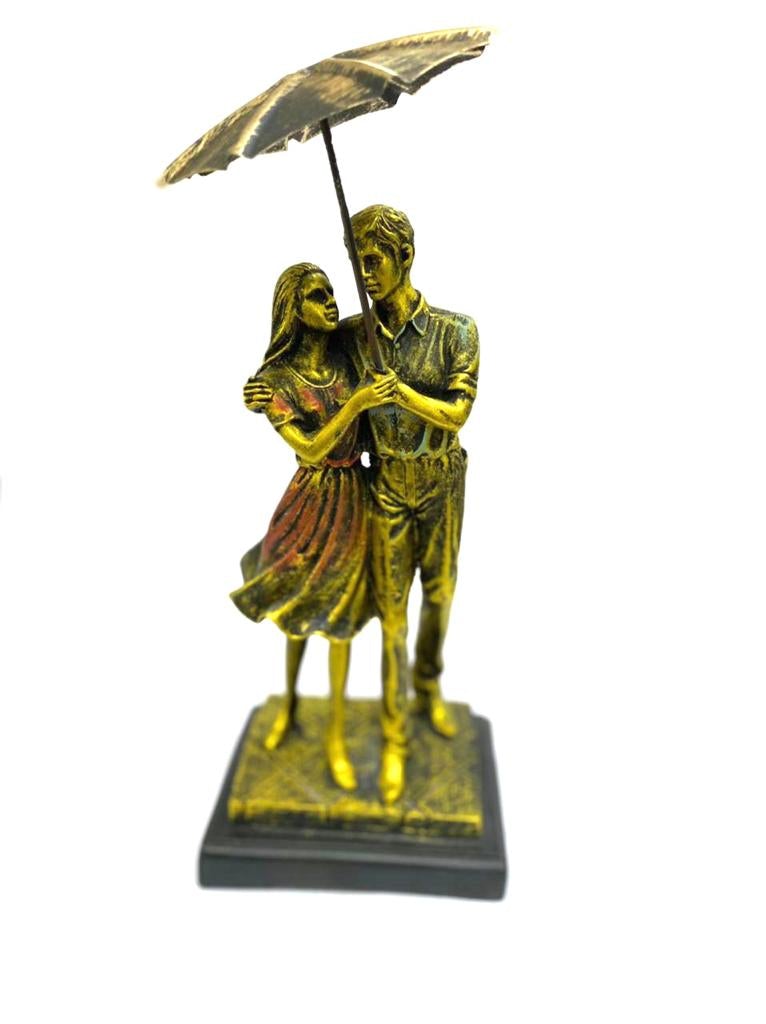 Couple Under Umbrella Rainy Season Statue Rusty Gold Tamrapatra