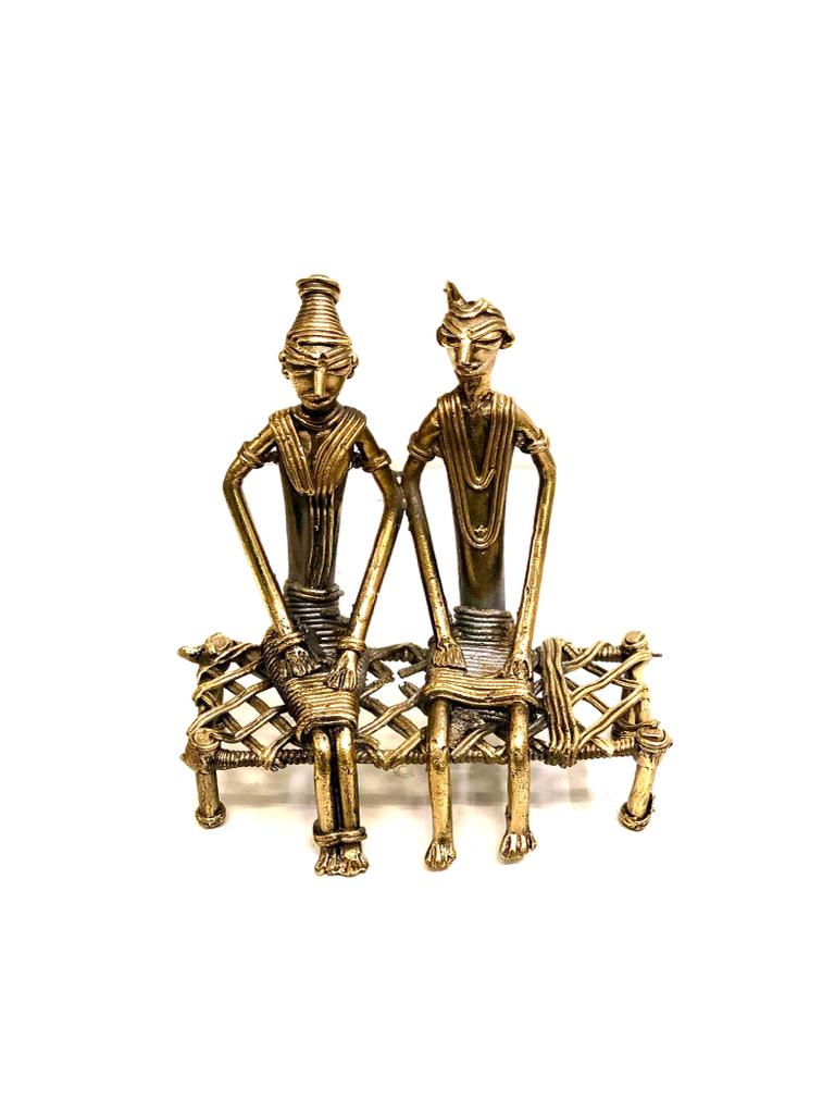 Brass Tribal Couple Sitting On Charpoy  Depiction Of Indian Culture By Tamrapatra