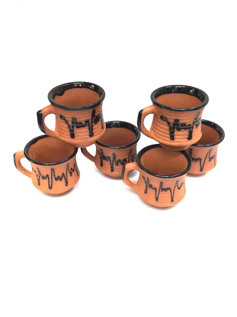 Line Cups Set Of 6 Plain & Glazed Serve Refreshments Earthenware Tamrapatra