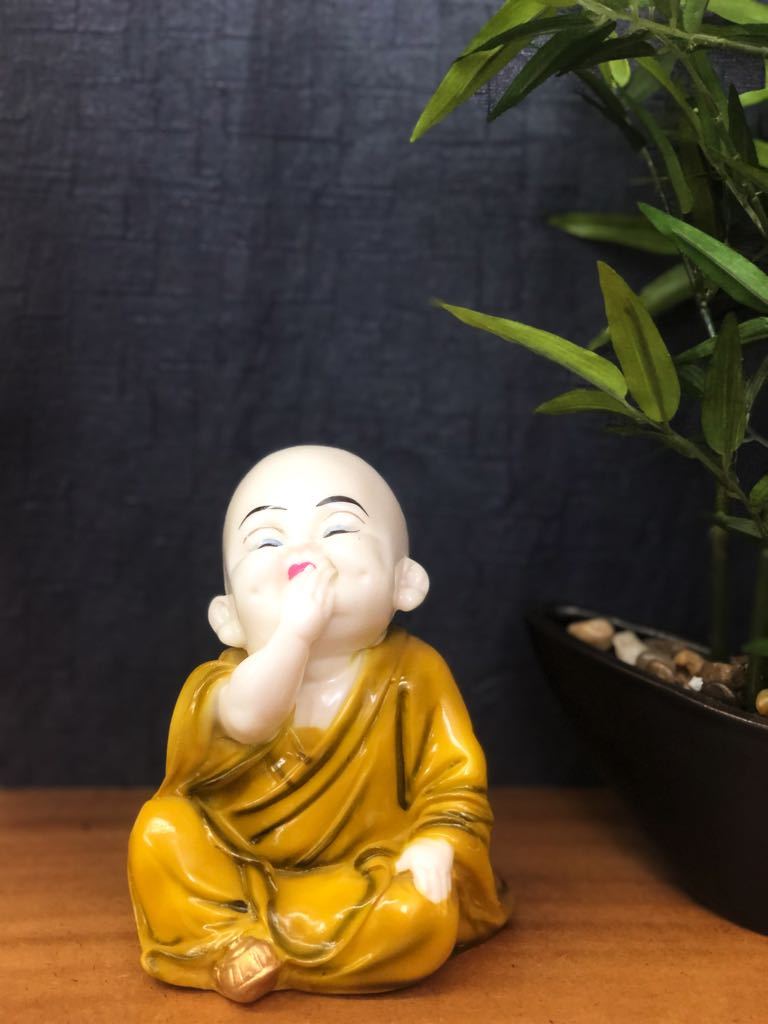 Playful Monks Feng Shui Mustard Yellow Resin Relics From Tamrapatra - Tamrapatra