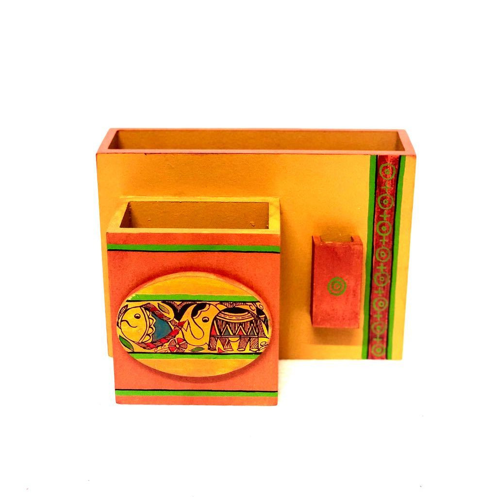 Madhubani Hand Painted Bright Colored Cutlery Toothpick Holder Tamrapatra - Tamrapatra