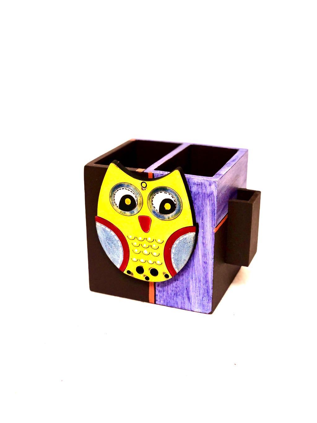 Wooden Cutlery & Toothpick Holder Owl Collection Hand Painted Tamrapatra