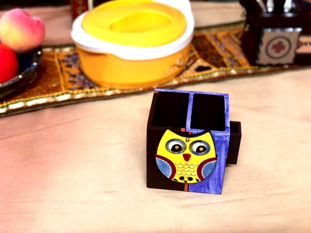 Wooden Cutlery & Toothpick Holder Owl Collection Hand Painted Tamrapatra