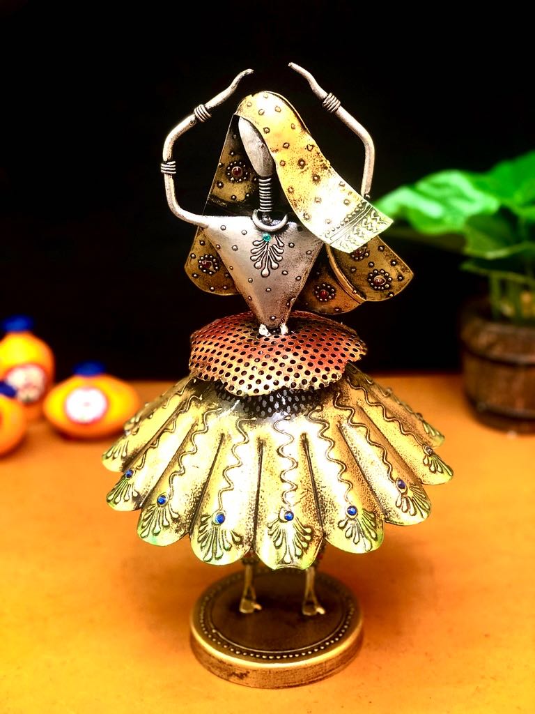 Dancing Doll In Navratri Style With Traditional Outfit Metal Tamrapatra - Tamrapatra