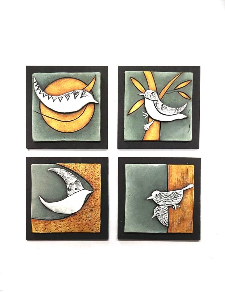 The Bird Gray Orange Terracotta Wall Hangings Abstract Designs Set Of 4 Tamrapatra