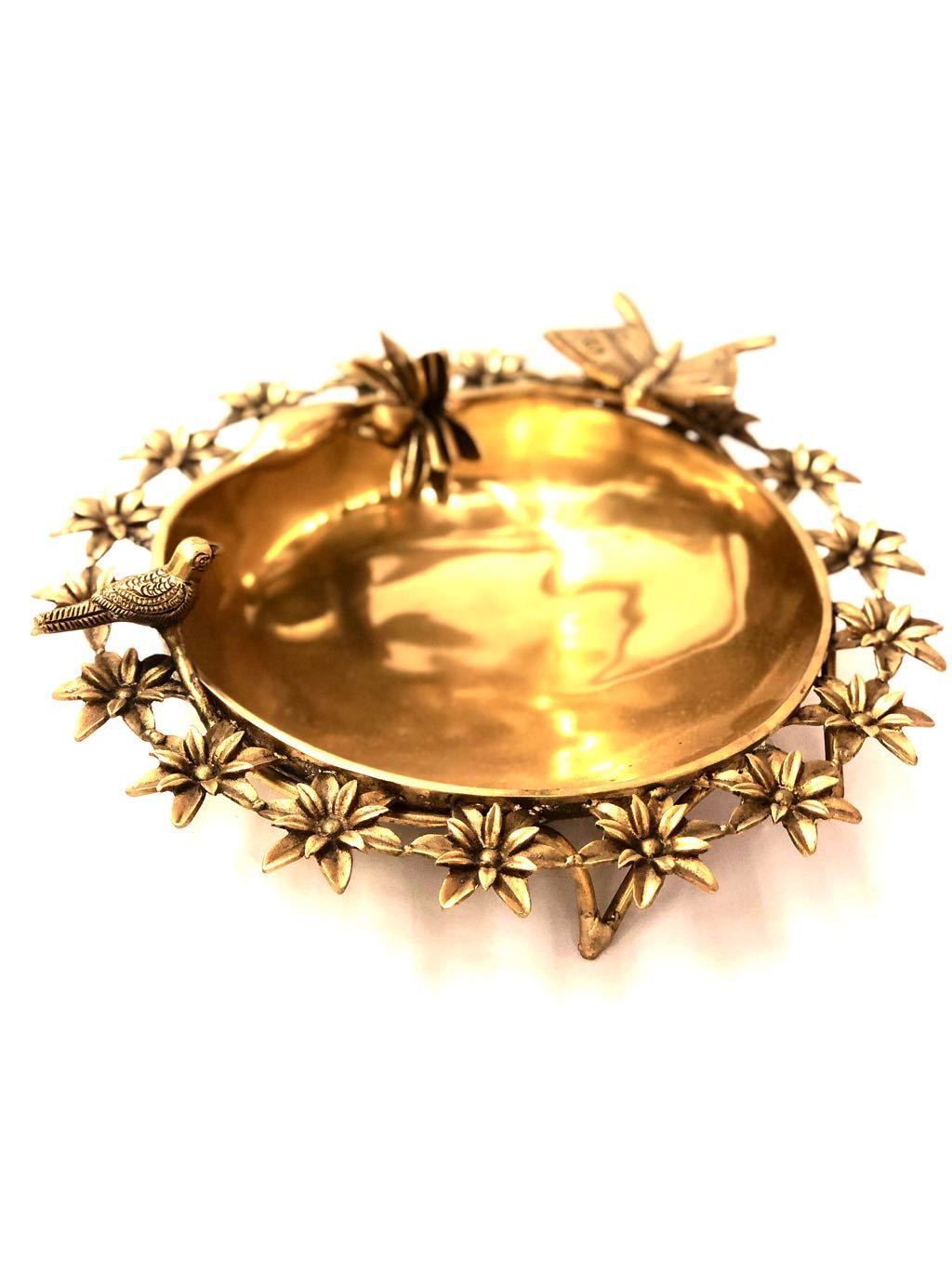 Designer Brass Urli With Butterfly & Bird Sitting On Flower Tamrapatra - Tamrapatra