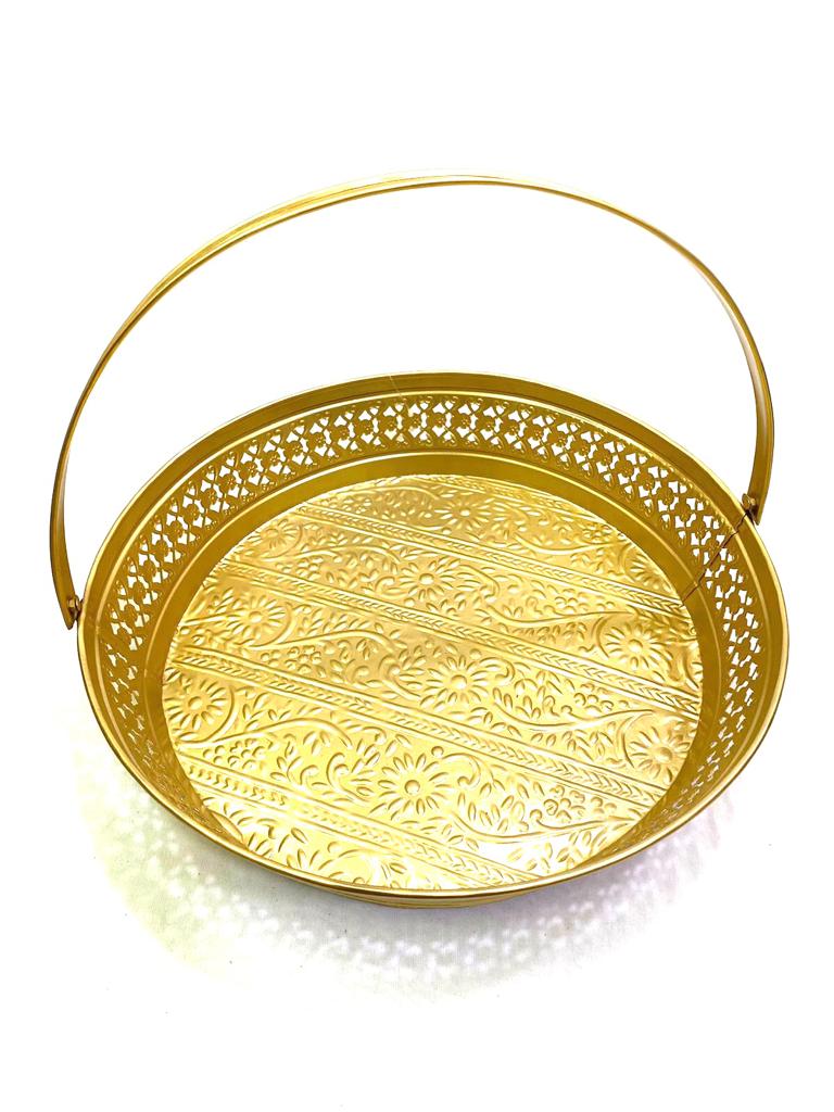 Metal Round Carving Design Baskets In Different Size For Decoration Tamrapatra