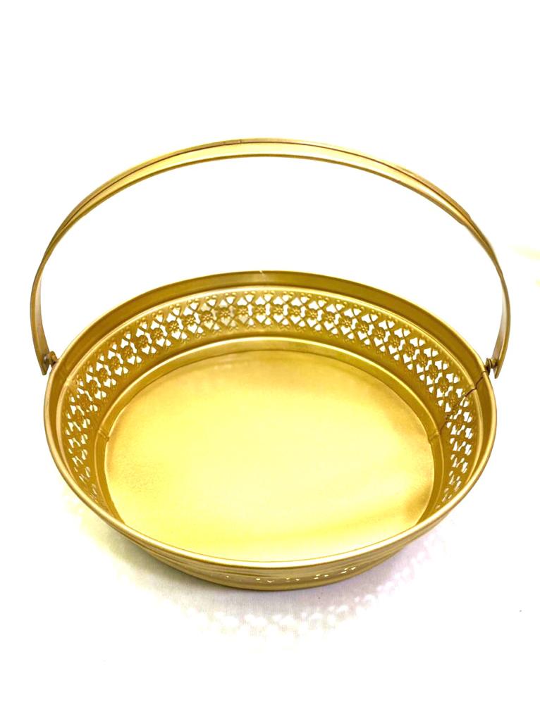 Metal Round Carving Design Baskets In Different Size For Decoration Tamrapatra