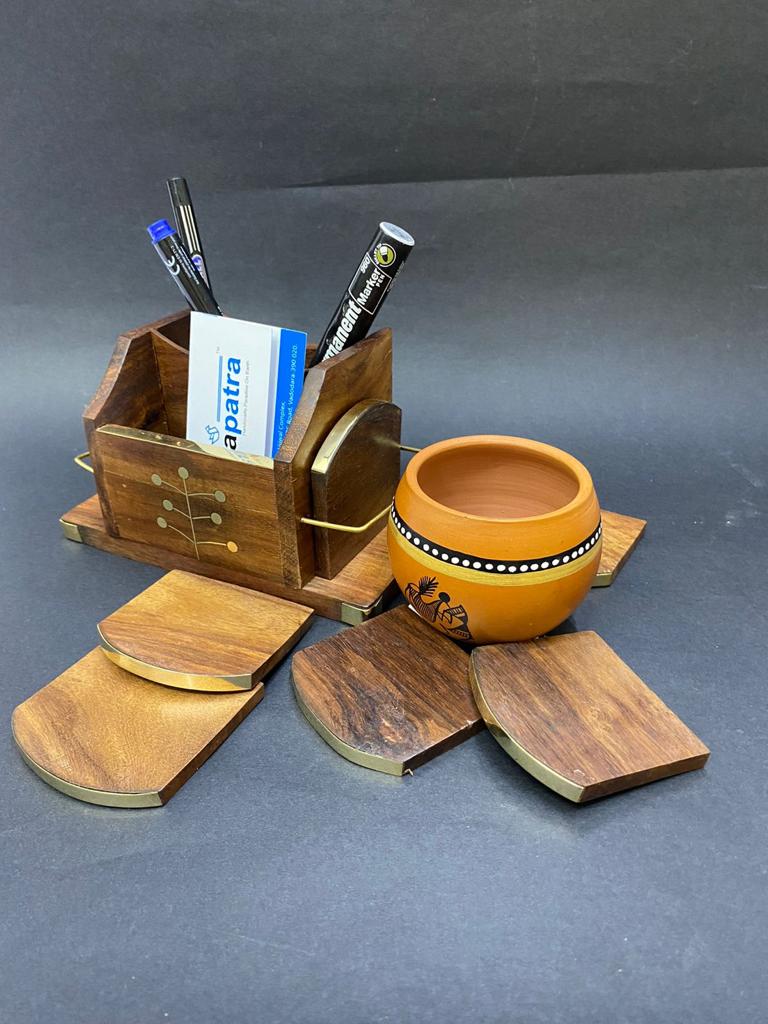 Desk Organizer Coaster Pen Utility Holder Wooden Elegant Design By Tamrapatra
