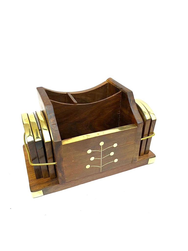 Desk Organizer Coaster Pen Utility Holder Wooden Elegant Design By Tamrapatra