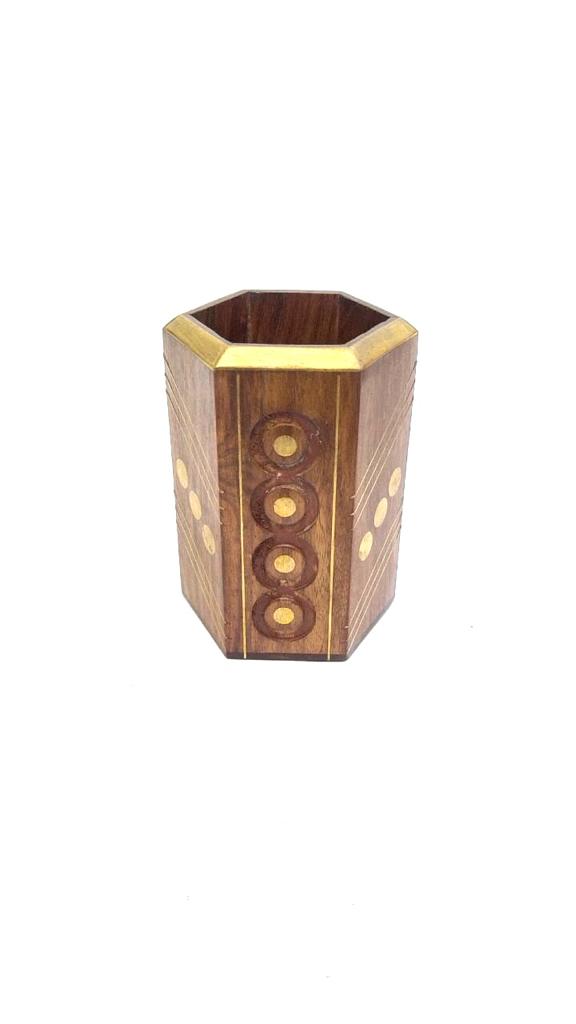 Wooden With Golden Touch Pen Holder Series Designs Handcrafted Tamrapatra