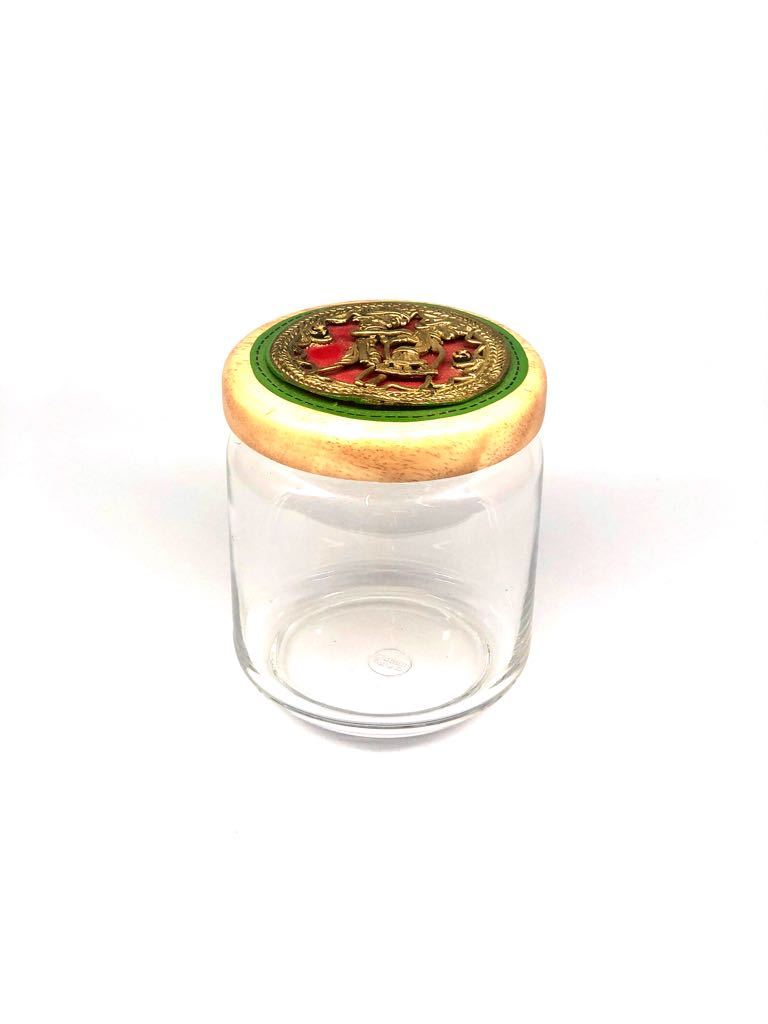 Storage Glass Jars With Wooden Airtight Lids Dhokra Handcrafted Tamrapatra