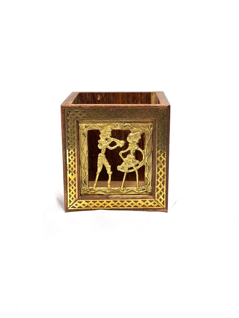 Wooden Square Pen Stand With Dhokra Figures Traditional Art Tamrapatra