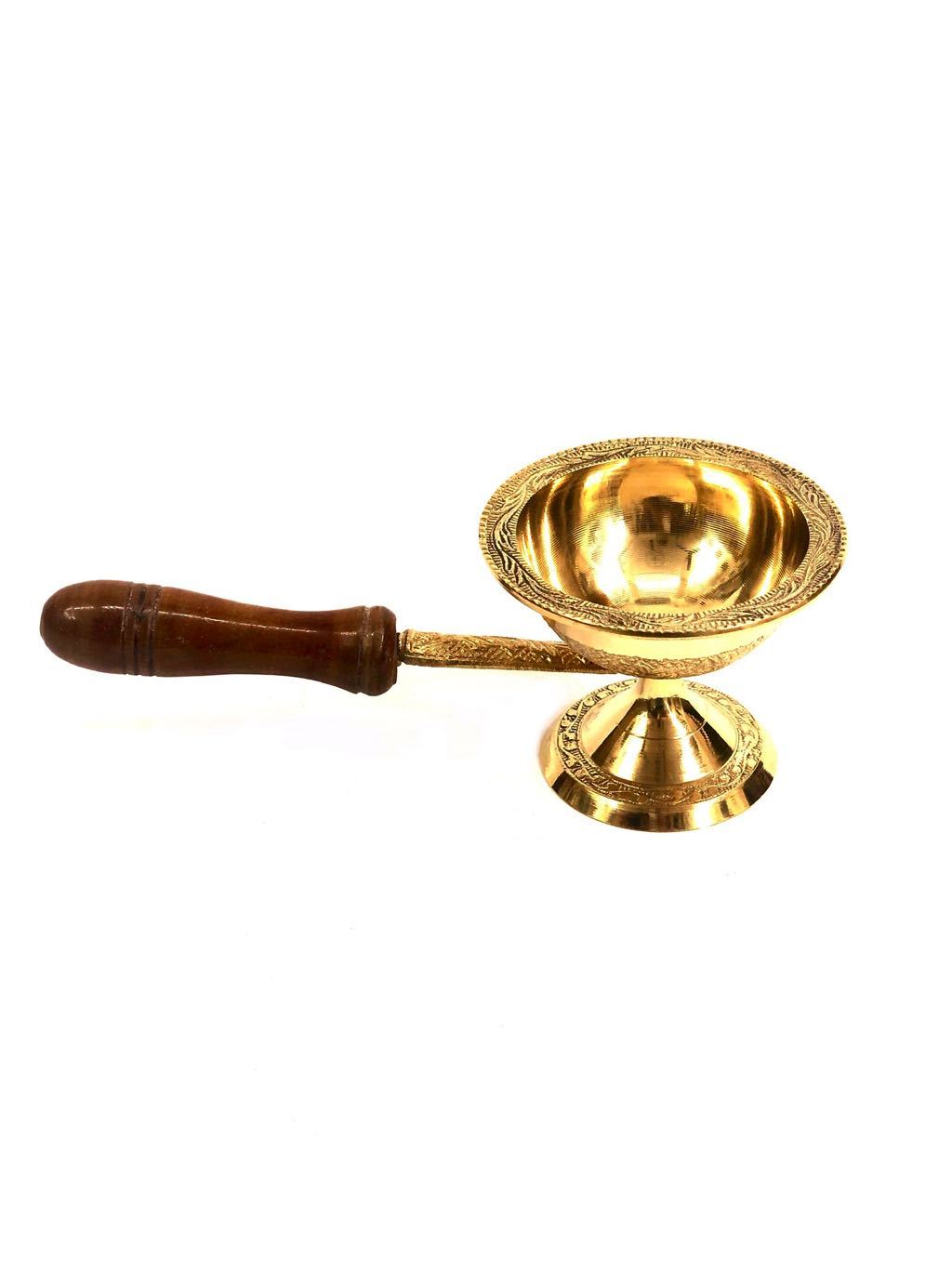 Brass Dhupiya Premium Wooden Handle For Pooja Arti Decor Tamrapatra