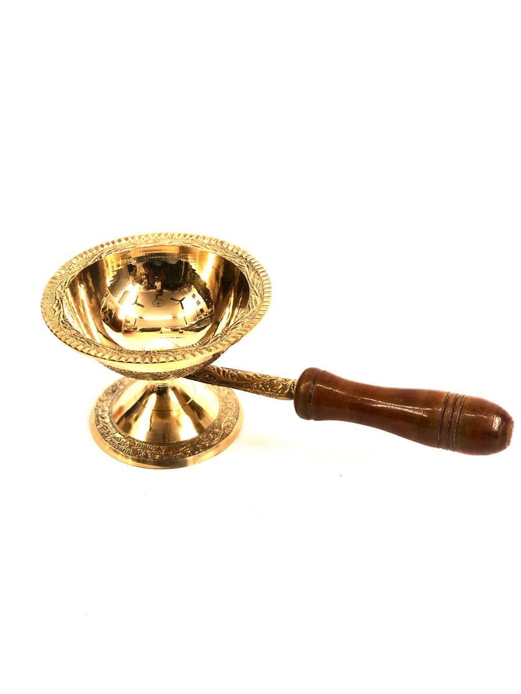 Brass Dhupiya Premium Wooden Handle For Pooja Arti Decor Tamrapatra