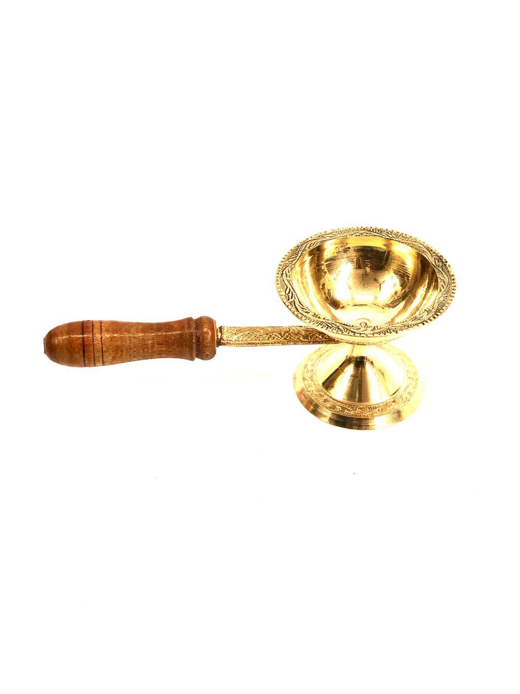 Brass Dhupiya Premium Wooden Handle For Pooja Arti Decor Tamrapatra