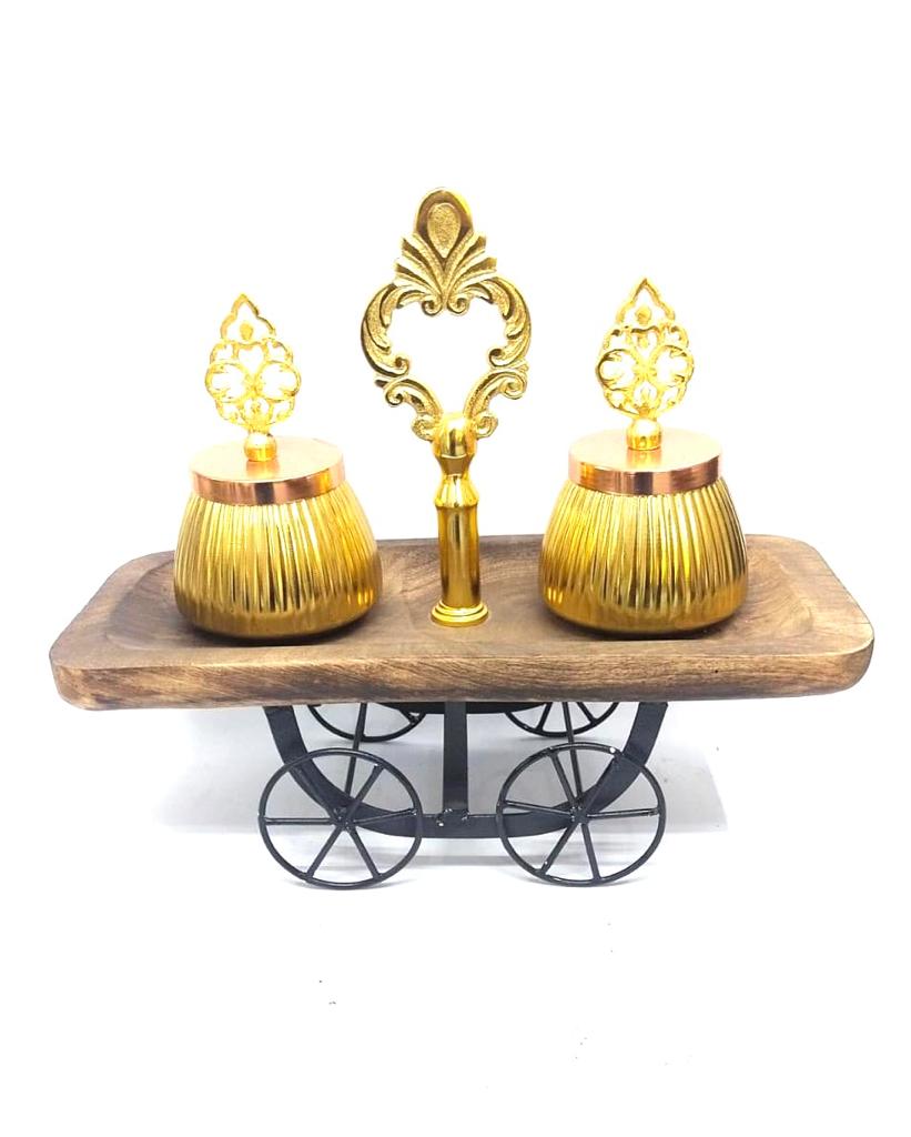 Wooden Cart With Two Jars Exciting Designs Platters Serving Dinning By Tamrapatra