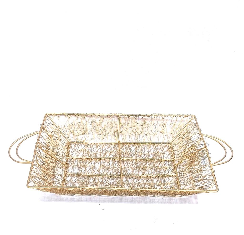 Jali Style Rectangular Trays Basket Metal Handles Splendid Design Tamrapatra