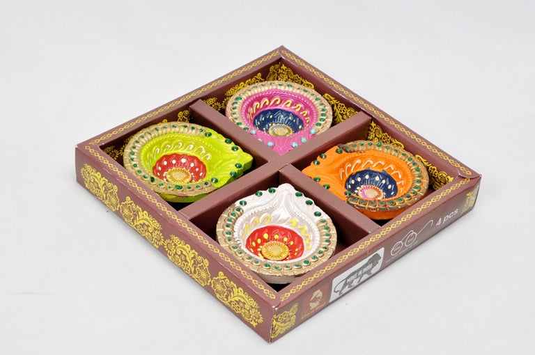 Designer Diwali Diyas In Set Of 4 Box Hand Painted Festival Décor By Tamrapatra