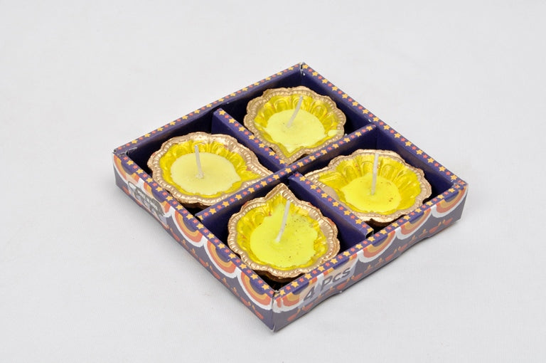 Yellow Designer Diyas In Box Set Of 4 With Wax Lightings From Tamrapatra