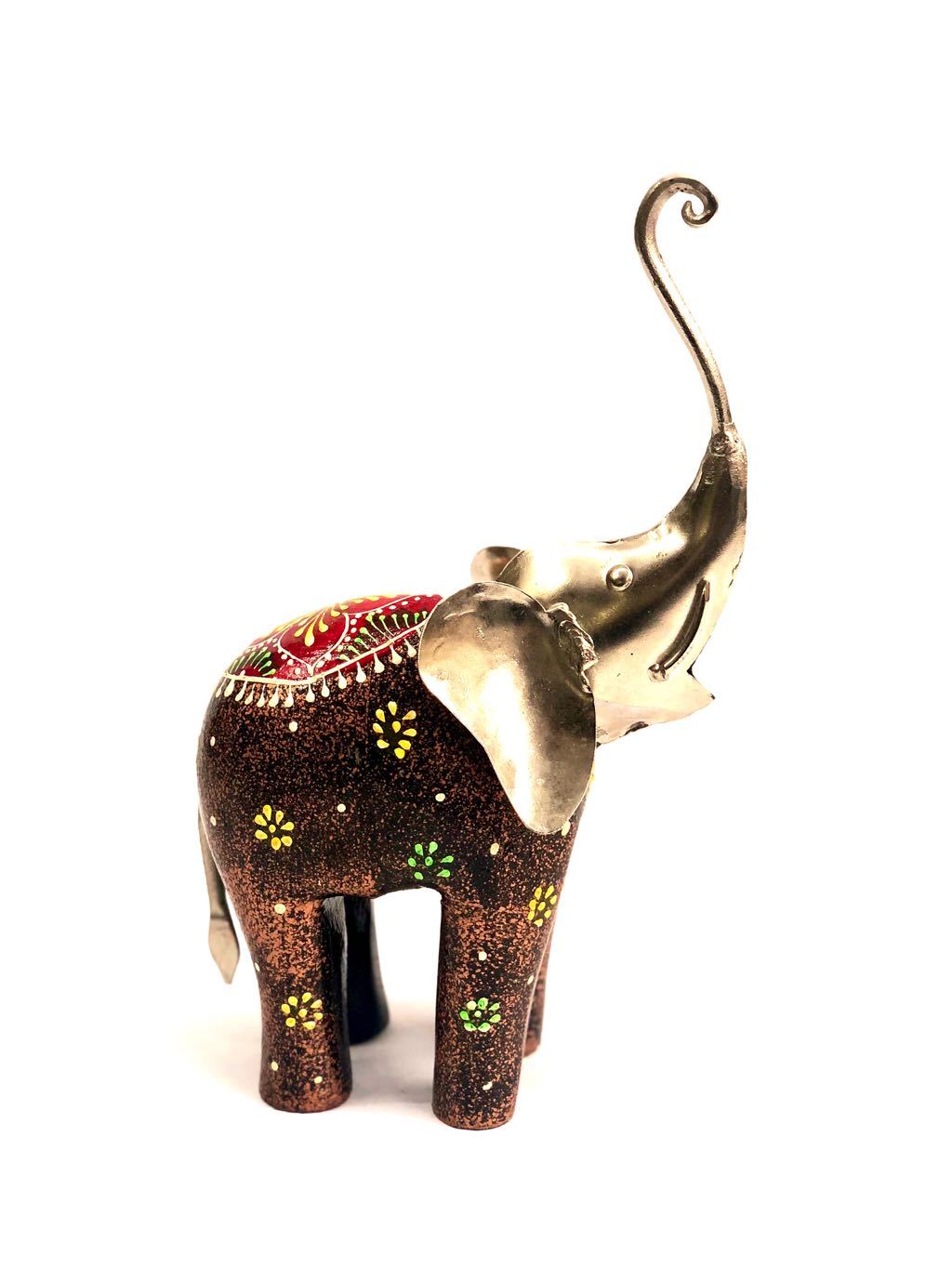 Mighty Elephant Wooden Color With Metal Trunk Up Showpiece Tamrapatra - Tanariri Hastakala