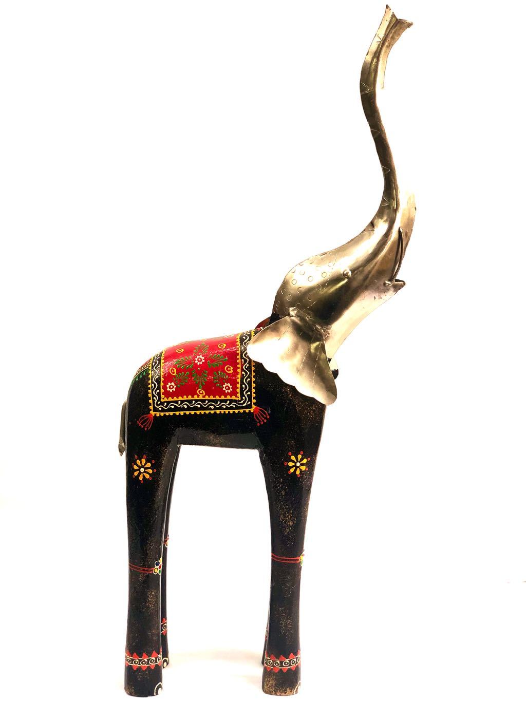 Long Standing Wooden Elephant With Metal Trunk Make In India Tamrapatra - Tanariri Hastakala