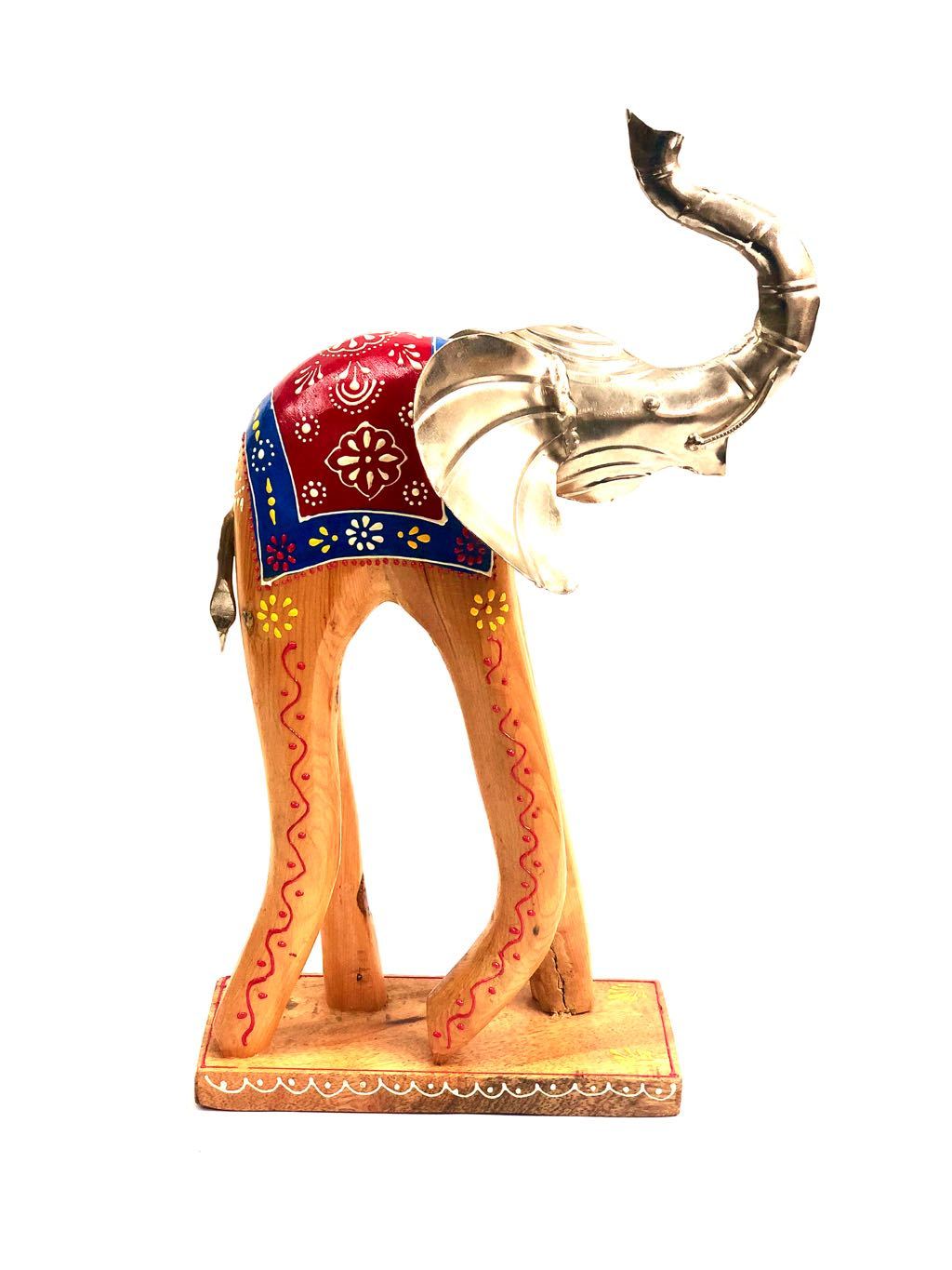 HandCrafted Beautiful Wooden Art Walking Elephant On Stand Tamrapatra - Tanariri Hastakala