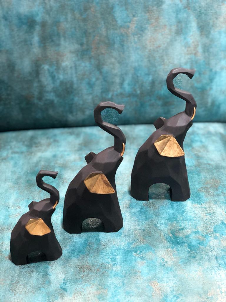 Geometrical Elephant Black & Golden Theme Animal Set Of 2/3 At Tamrapatra