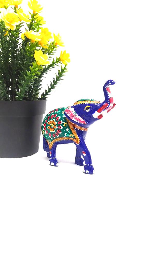 Up Trunk Elephant Metal Hand Painted Meena Style Cobalt Blue Indian Art Tamrapatra