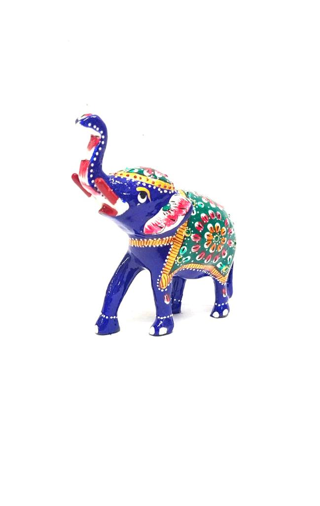 Up Trunk Elephant Metal Hand Painted Meena Style Cobalt Blue Indian Art Tamrapatra