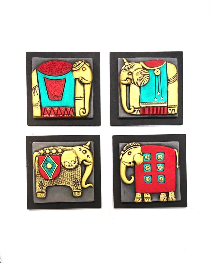 Elephant Artistic Frames With Clay Art Hand Painted Best Creations Set Of 4 Tamrapatra