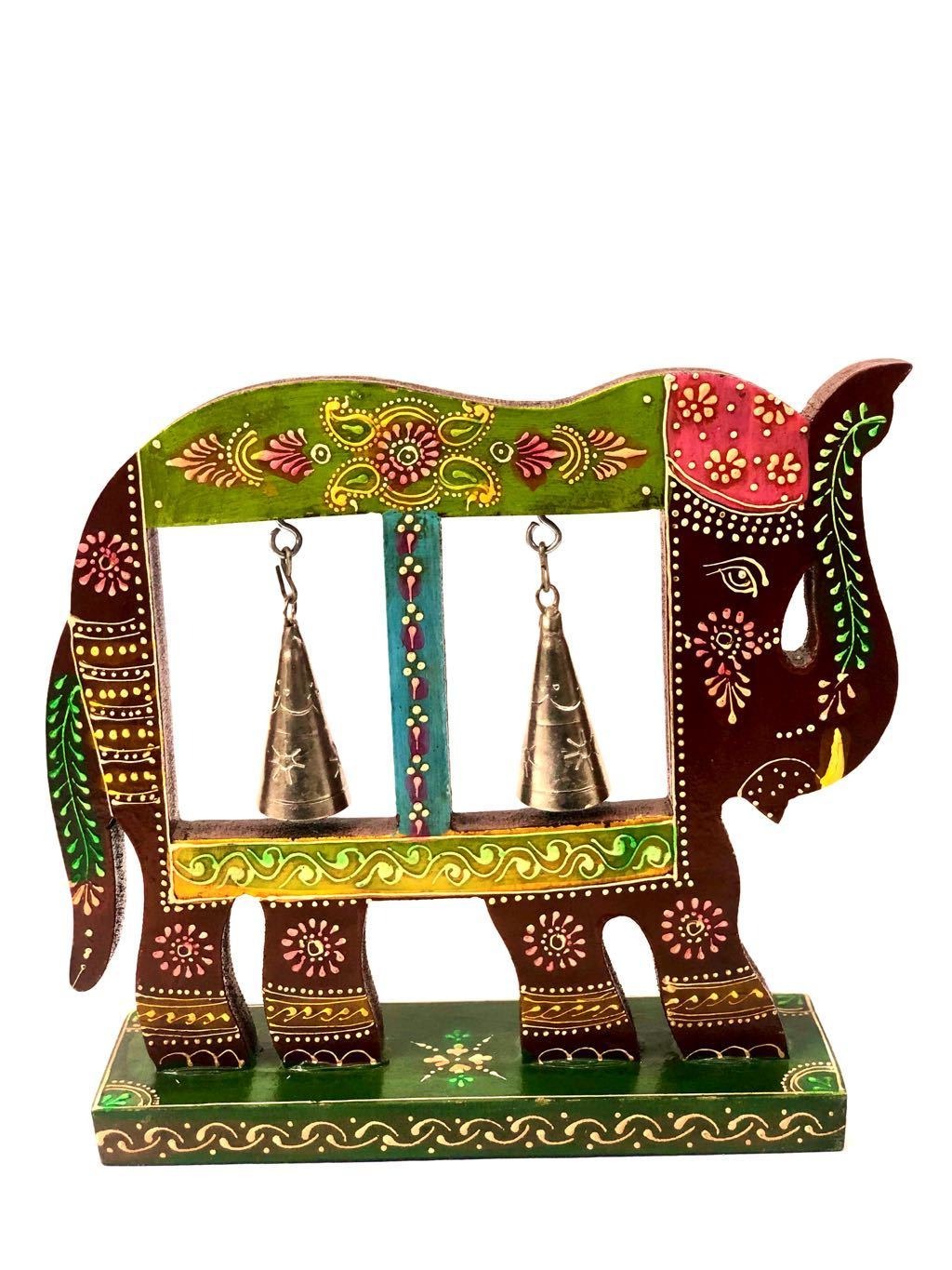 Metallic Two Bell Wooden Elephant On Stand Painted Colorful Tamrapatra - Tanariri Hastakala