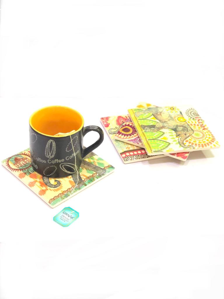 India Floral Design Tea Coaster Made With Ceramic & Cork Back S/4 Tamrapatra
