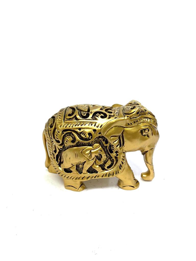 Elephant Wooden Polished Golden Shades Royal Animal Souvenir By Tamrapatra