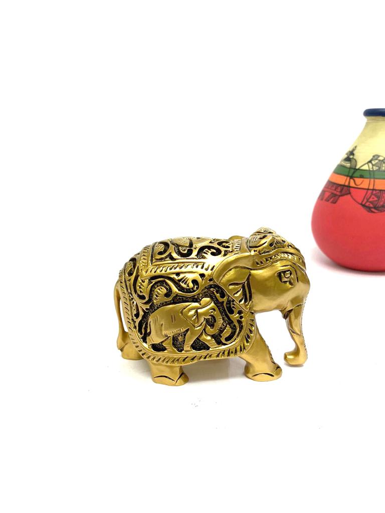 Elephant Wooden Polished Golden Shades Royal Animal Souvenir By Tamrapatra