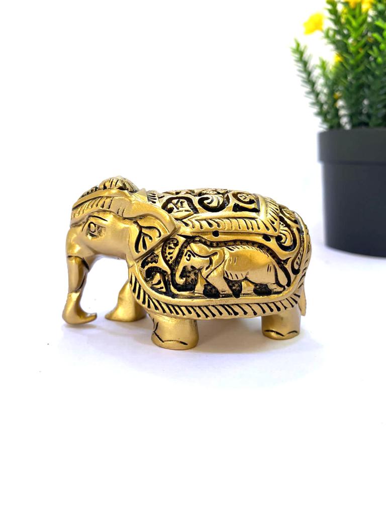 Elephant Wooden Polished Golden Shades Royal Animal Souvenir By Tamrapatra