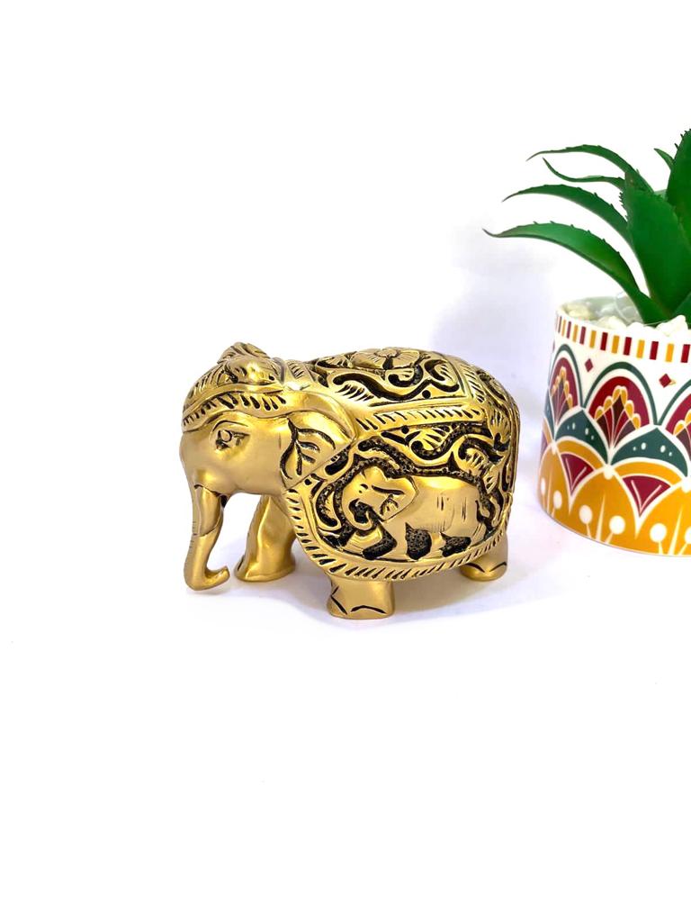 Elephant Wooden Polished Golden Shades Royal Animal Souvenir By Tamrapatra