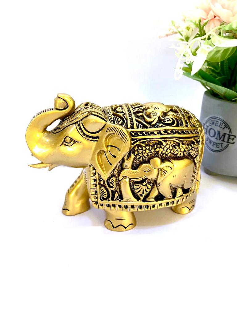 Elephant Wooden Polished Golden Shades Royal Animal Souvenir By Tamrapatra