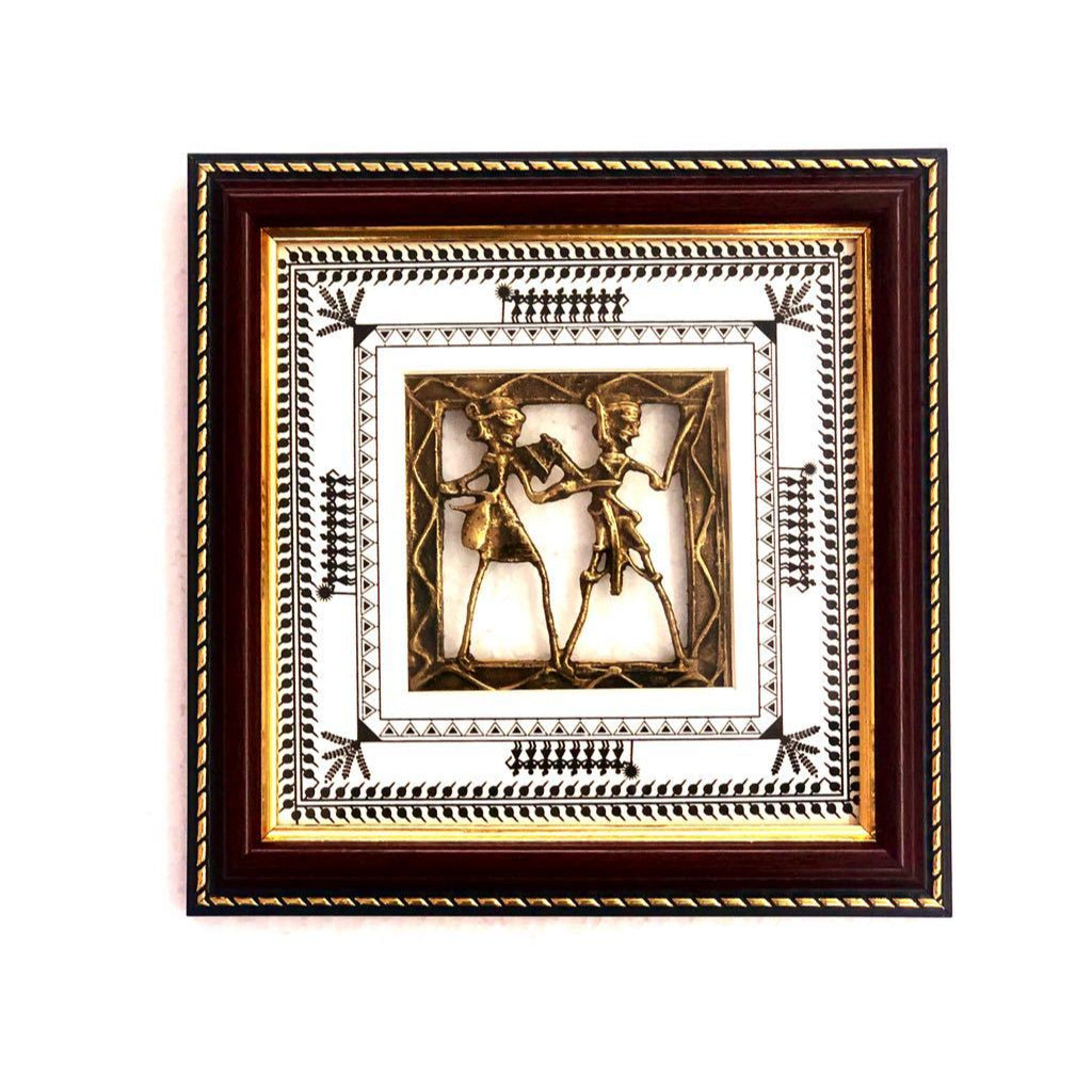 Dhokra Figures Enclosed In Warli Art Frame Hanging Tamrapatra - Tamrapatra