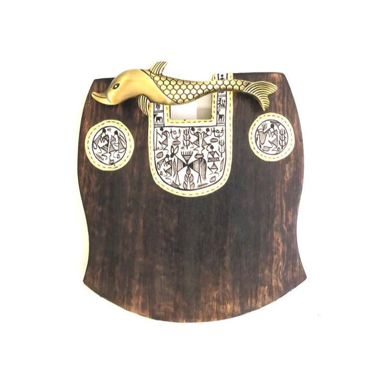 Wooden Name Plate With Brass Fish Handle Warli Creation New By Tamrapatra