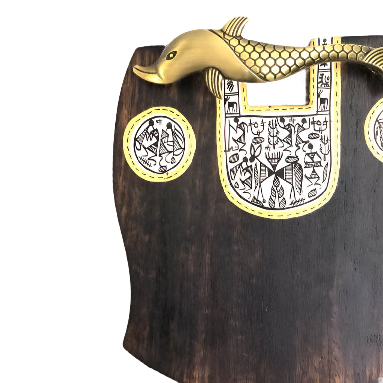 Wooden Name Plate With Brass Fish Handle Warli Creation New By Tamrapatra