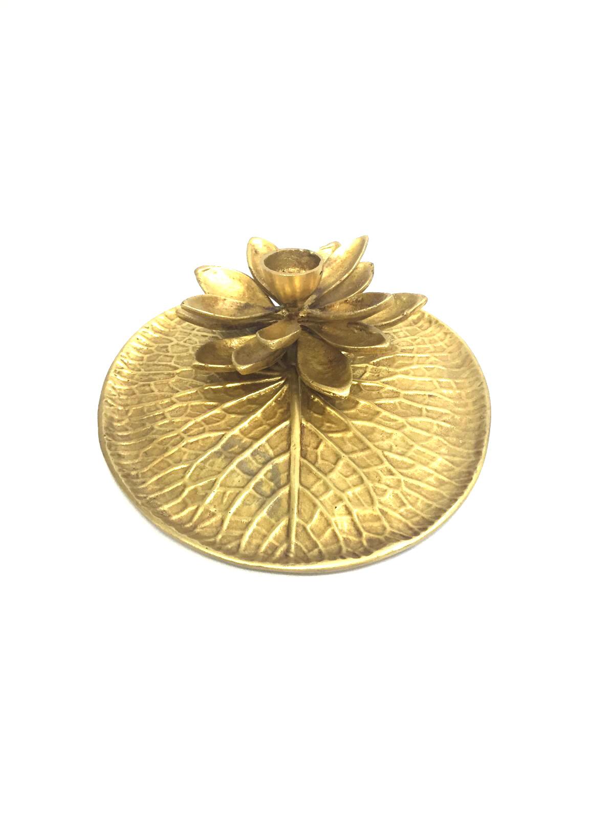 Leaf Plate Brass Decoration Handcrafted Flower On Petal Artwork By Tamrapatra