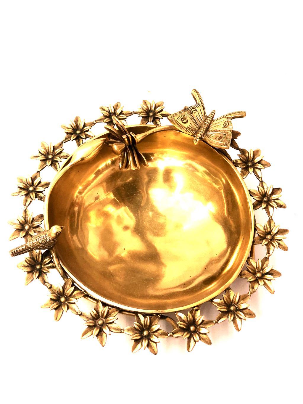 Designer Brass Urli With Butterfly & Bird Sitting On Flower Tamrapatra - Tamrapatra