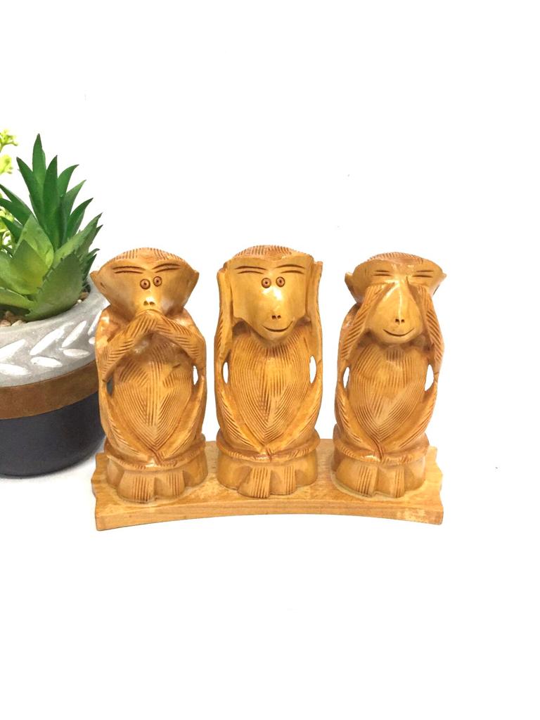Gandhi's Three monkeys Wooden Carving Showpiece Souvenir Tamrapatra