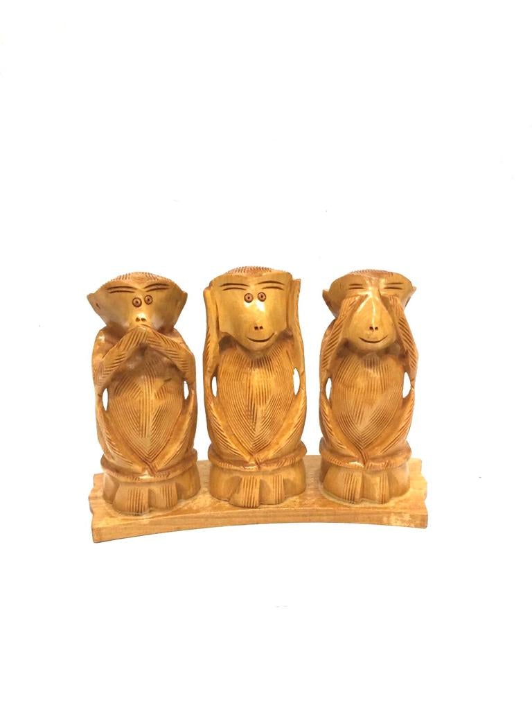 Gandhi's Three monkeys Wooden Carving Showpiece Souvenir Tamrapatra