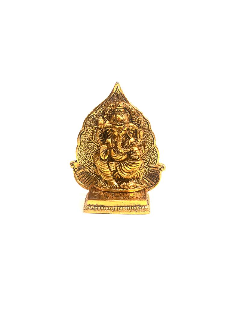 Handcrafted Metal Leaf With Laxmi Ganesh Sarasvati Idols Indian Art Tamrapatra