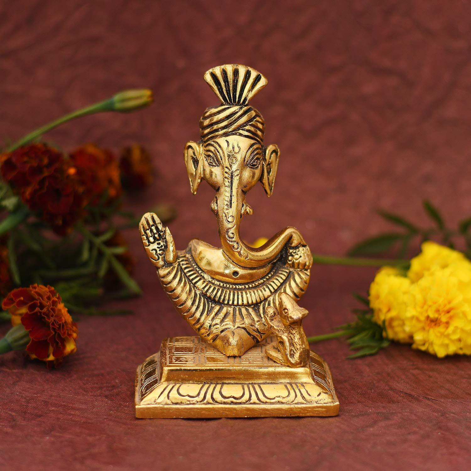 Turban Ganesha Sitting Unique Design With Rat Metal Handicrafts Tamrapatra